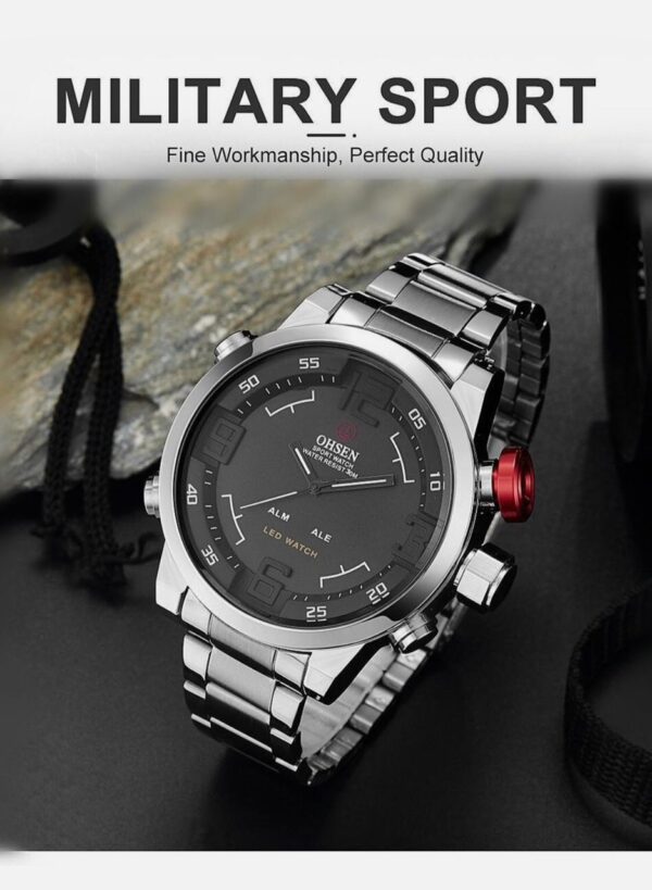 OHSEN Men Quartz Watch Silver Steel Stainless Strap Dual Time Digital Wristwatch