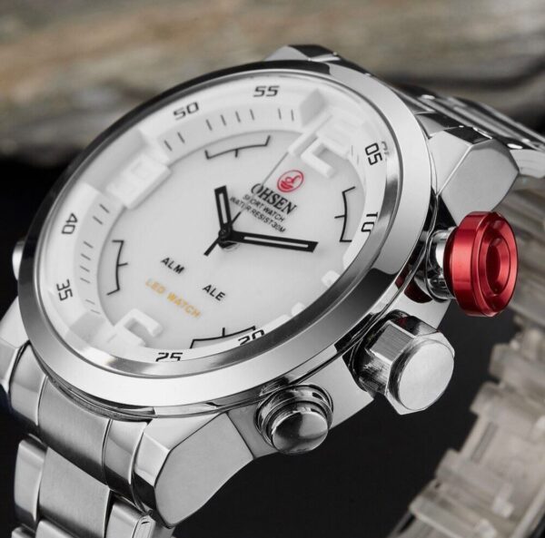 OHSEN Men Quartz Watch Silver Steel Stainless Strap Dual Time Digital Wristwatch