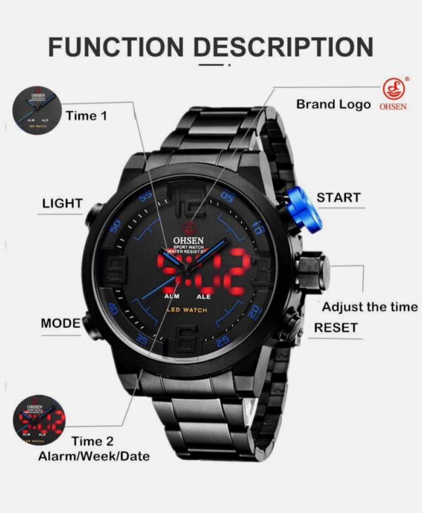 OHSEN Men Quartz Watch Silver Steel Stainless Strap Dual Time Digital Wristwatch