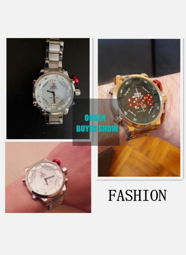 OHSEN Men Quartz Watch Silver Steel Stainless Strap Dual Time Digital Wristwatch