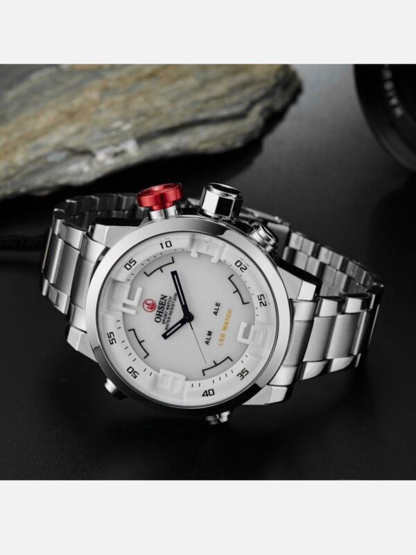OHSEN Men Quartz Watch Silver Steel Stainless Strap Dual Time Digital Wristwatch